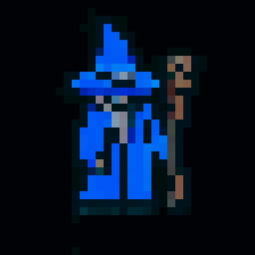 wizard with blue robes, blue wizard hat, brown staff, golden necklace with sun pendant, flat white background, character pixels are clearly distinguishable from its background