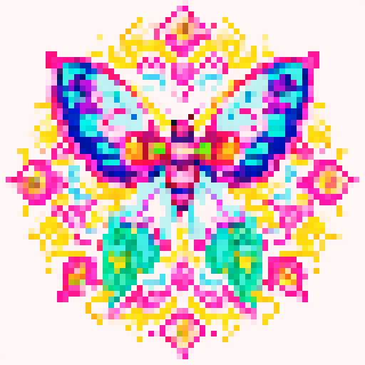 Ethereal, vibrant, pixelated, and intricately detailed cross stitch pattern of a magical moth, showcasing its graceful wings with a burst of vivid colors on an sRGB canvas