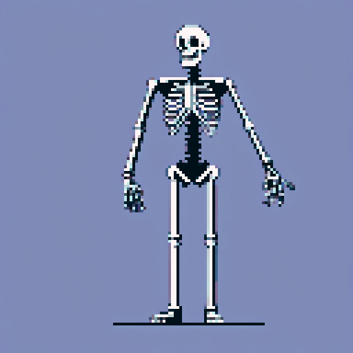 Monotone skeleton, minimalistic pixel art, sRGB colors, bony fingers reaching out, glowing eyesockets, intricate pixelated ribcage, sharp angles, contrasted shadows, jagged lines, subtle shading, eerie atmosphere