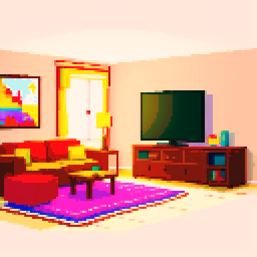 cozy living room, widescreen TV, pixel art, carpet, sRGB