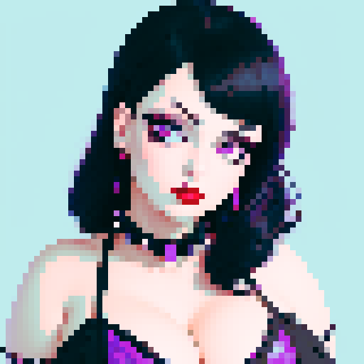 curvy, cute, goth girl, black hair, purple eyeshadow, red lipstick, spiked collar, portrait, glamour shot.