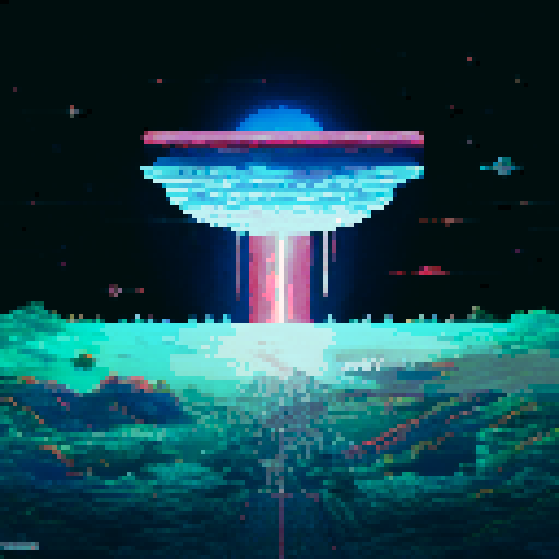 Space station floating amidst a tapestry of stars, glowing with vibrant colors, pixelated landscape stretching into the distance