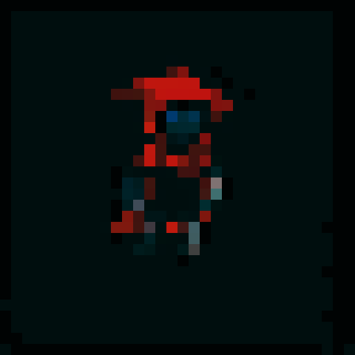 Read cloaked mage with hidden face and dark eyes. body, hands and legs are black