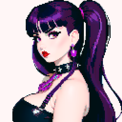 Thicc, busty goth girl, long purple hair, eyeliner, red lipstick, halter top, spiked collar, up close face portrait, vibrant sega genesis palette, pixel art portrait, 