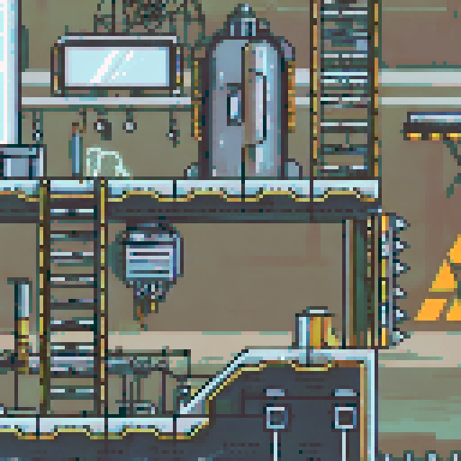 Dilapidated machinery, sparks flying, smog-filled air, towering metal structures, cracked concrete floors, flickering neon lights, rusted conveyor belts, broken windows, shattered glass, discarded robot parts, overgrown vines, eerie shadows, abandoned control panels