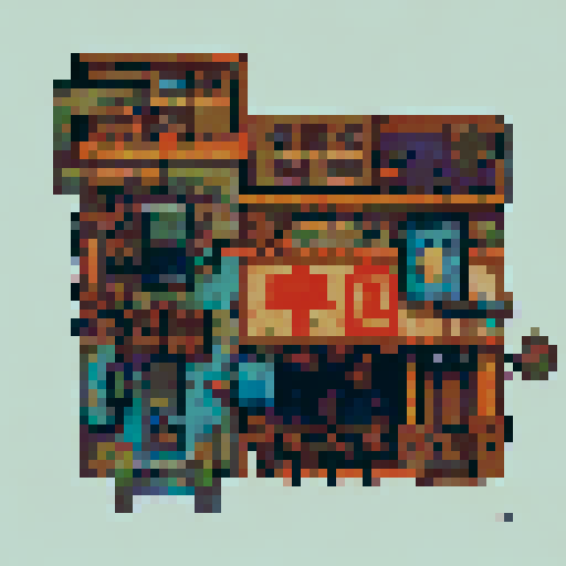 Pixel art building designs for a story-driven point and click game, inspired by dystopian nature overgrown buildings and japanese city architecture. Use Igor Lashtabega, butterberrycafe, and similar artists as inspiration. Create such a building design with neutral colored background