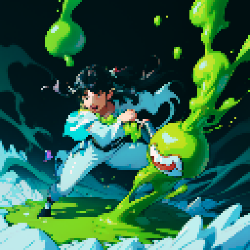 slime surging up around someone, slime engulfing a hero, slime consuming a hero, hero getting engulfed by slime, slime attack, dynamic, slime slamming into someone, impact, splashing slime, full-body image, full-body art, black hair, white outfit