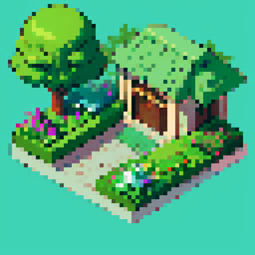 Topiary plant, isometric asset, decorative pot, art nouveau garden, sRGB, pixel art