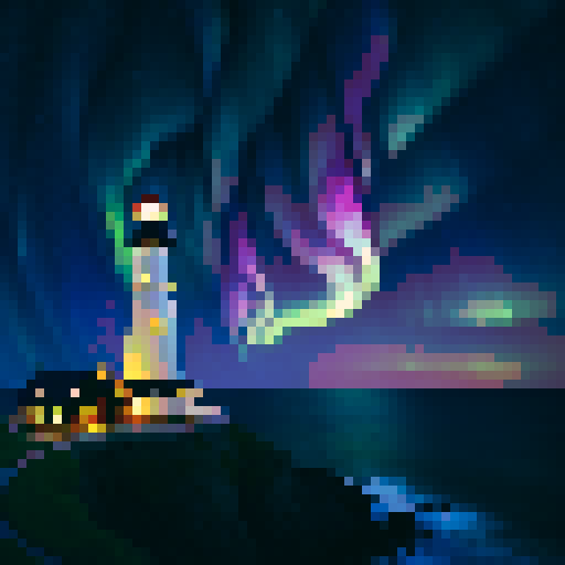 ocean, aurora, stars, lighthouse on the right