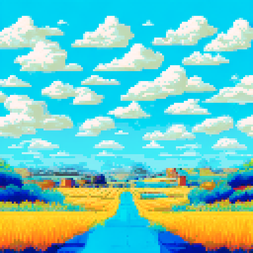 Blue sky with fluffy clouds at the top 25%, golden wheat field below, simple bright blue sky tone, textured golden wheat field, retro video game background feel, limited 16-color palette, 128x128 resolution