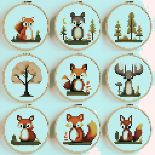 a collection of woodland creatures modern cross stitch style earthy tones Woodland cross stitch pattern, Forest cross stitch pdf download, Cottage wall decor, Modern cross stitch, Nature embroidery Woodland nursery 