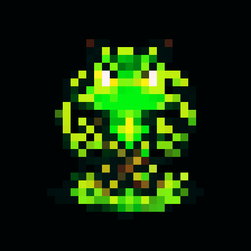 large, powerful creature with intertwined vines and roots, sharp thorns, glowing yellow eyes, fierce expression, menacing grace, pixel art, sRGB