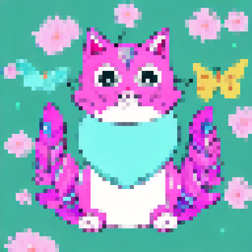 Laughing cat with big eyes, pink nose and fluffy fur, surrounded by colorful flowers and butterflies, in Anime style.