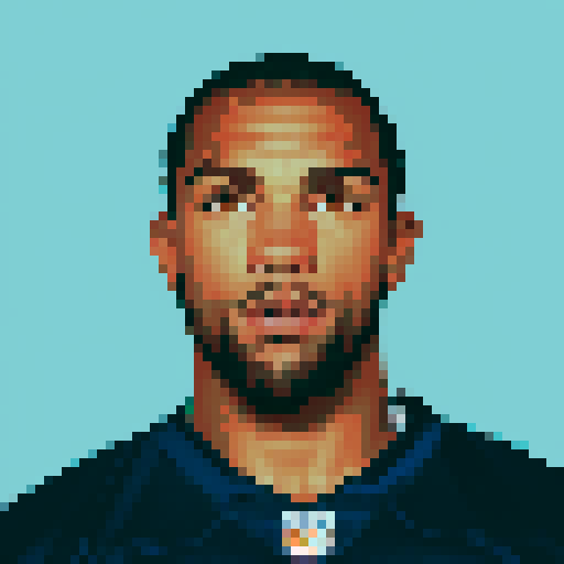 Pro NFL Football player, retro pixel art, sRGB, vibrant colors, dynamic pose, helmet, shoulder pads, jersey, muscular physique, intense expression, football field, stadium lights, sweat droplets, action-packed, energy, determination, iconic player