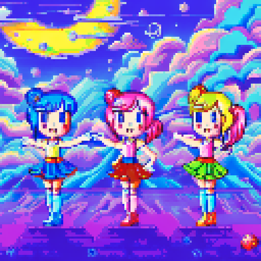 kawaii cheerleaders with pigtail hair, surrounded by a galaxy in the sky, against a meat background, using neon colors in a pixel art style, creating a vibrant sRGB landscape