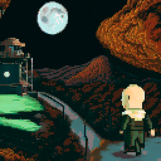 the main protagonist, gurney as seen in the bottom right is on a hill looking over a desolate area with sparse plant life up in flame. We see the back of his head, with his square jaw and a cigarette in his mouth, a golden gun in his hand. in the distance is a large laboratory, which has smoke coming out of it and a hole in the top. The sky is full of starts, a moon and a distant alien planet. Gurney must be present
