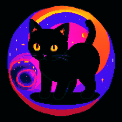 black cat with orange eyes wandering in galaxies and space, planets, comets