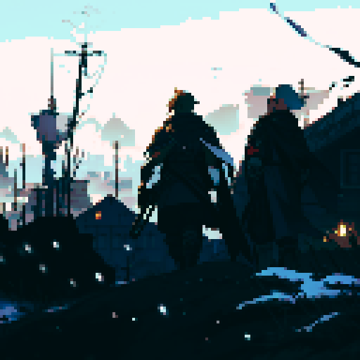 Final fantasy tactics detail soldier walking towards war torn city with a panzer faust on his back and a rifle in his hand. A Squad Mate of his is looking towards him in background, he has a cape on and a hood. City has snow on it. Colorful but not to bright of colors. 