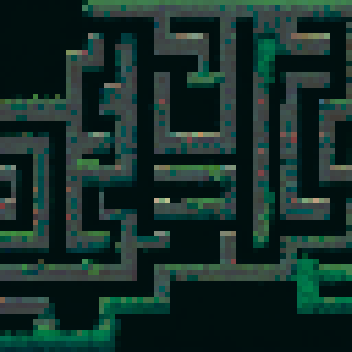 Brick maze, vibrant colors, intricate pathways, towering walls, perspective, isometric view, detailed textures, immersive atmosphere, nostalgic pixel art, sRGB, background, landscape