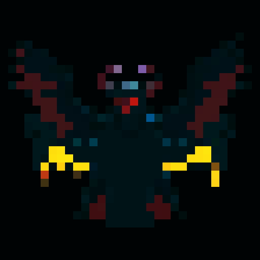 A terrifying demon cloaked in darkness, with smoky tendrils, massive wings, and glowing red eyes. It exudes an aura of fear and dread, blending into the shadows. No background.
