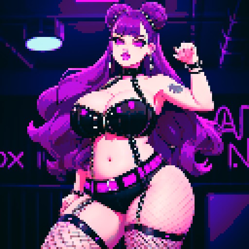 Thicc, curvy, busty goth babe with studded collar, long purple hair in buns, fishnet stockings, studded halter top, dancing on nightclub. . neon signage, pixel art, sRGB. 4:5 ratio