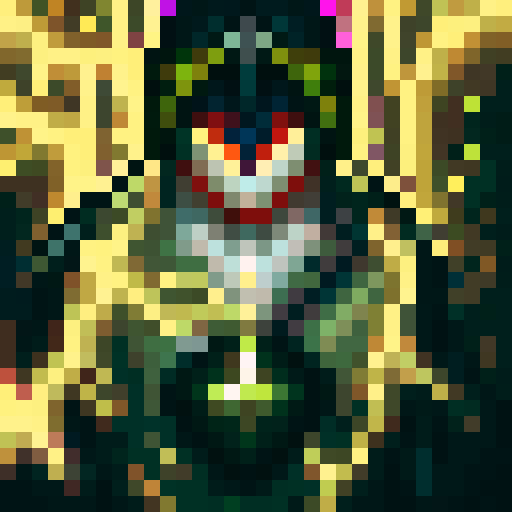 Dark, menacing eyes peering out from a shadowy hood, sharp fangs bared, surrounded by swirling purple mist and glowing runes, all captured in the iconic style of a 32x32 pixel art game portrait