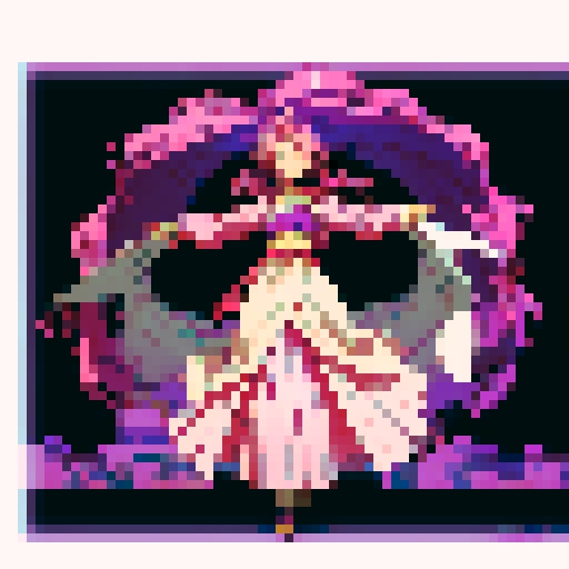 Girl with radiant pink hair, wearing a flowing purple dress, standing gracefully