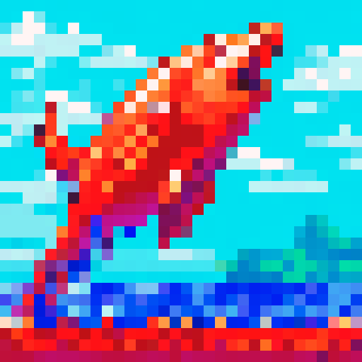 Watermelon whale breaching through a vibrant blue ocean, its juicy red flesh contrasting against the pixelated waves and the pixel art sunset in the distance