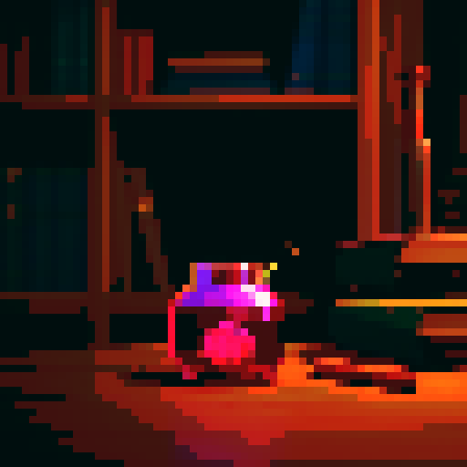 red magical potion sitting on a wooden table in front of books that can cast spells.
