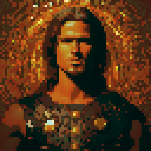 8-bit style portrait with vibrant, retro colors, showcasing a pixelated character in a dynamic pose against a black background, reminiscent of classic video games