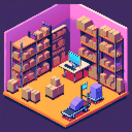 warehouse workstation with a conveyor belt and trolley filled with boxes, pixelated details, vibrant sRGB colors
