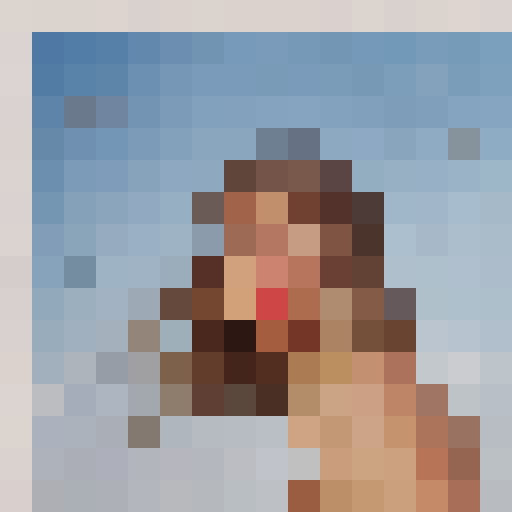 Taylor Swift with beach waves on the cover of the album "1989 (Taylor's Version)", wearing a retro white bikini, against a vibrant blue sky backdrop, capturing a close-up portrait in the style of a 16x16 game icon