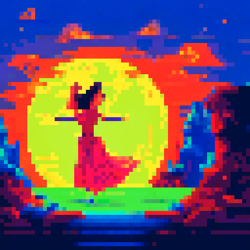 Andalusian gypsy girl, Candela, swirling in a pixel art flamenco dress as she dances the Ritual Fire Dance by a vibrant sRGB campfire, along with her ghost husband hovering over the campfire and her fellow gypsies, at night.