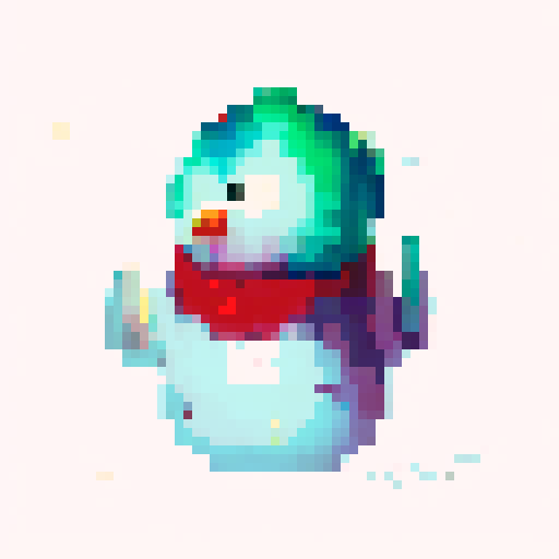 "pixel art snowman made of two balls, wearing a vibrant red scarf, using a retro-inspired 8-bit art style."