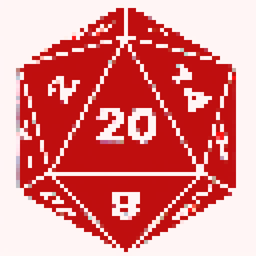 Create a pixel art illustration of a RPG D20 dice with a medieval helmet placed on the top face of the dice, and a sword crossing diagonally over the dice, forming an 'X' shape. The dice should have 20 triangular sections, each numbered from 1 to 20. The helmet should resemble a traditional knight's helmet with detailed features. The sword should have a hilt, guard, and blade with a metallic look.