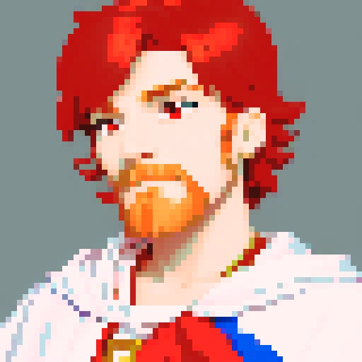 red headed male wizard with regal white robes, adorned with astrological symbols, in a pixel art style with vibrant sRGB colors
