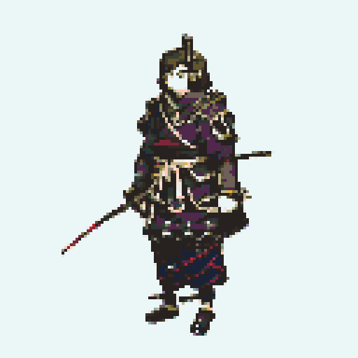 historically accurate muromachi samurai in traditional armor, roguelike rpg full-body sprite