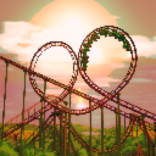 Amusement park, vibrant roller coasters, whimsical carousels, towering ferris wheels, sRGB colors, pixel art
