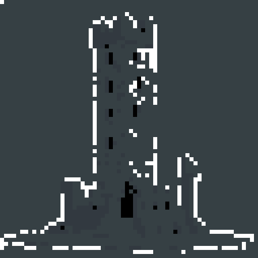 2d stone tower in an ancient english style. Old and crumbling but still upright. Usable as an asset (clear, thick lines and a white background). Put a black stroke around the composition