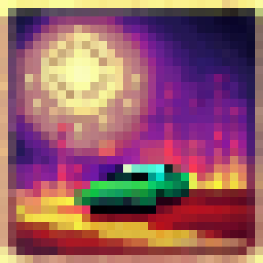 cars race on a retro Commodore 64 track with city and a sunset sky in 32x32 skill art.