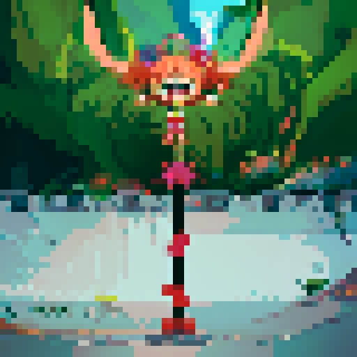 cute chibi, fleshy creature with thorny iron crown, vibrant colors, sharp lines, playful expression, hovering above ground, tuning forks for hands and feet, pixel art, sRGB