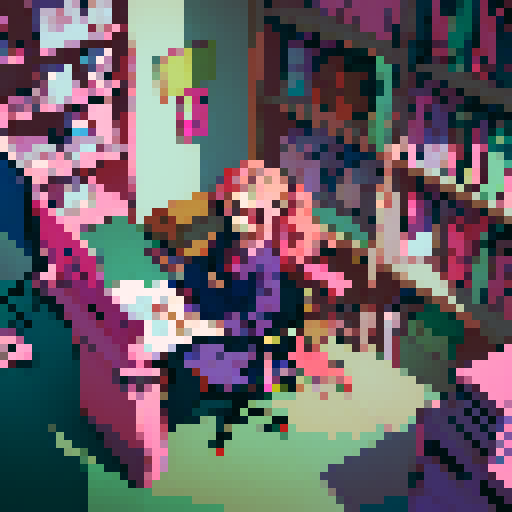 Anime girl with vibrant pink hair, wearing a school uniform, sitting at a cluttered desk in a dimly lit secret lair, surrounded by stacks of books and papers, diligently typing on a retro computer, with pixelated graphics reflecting off her glasses