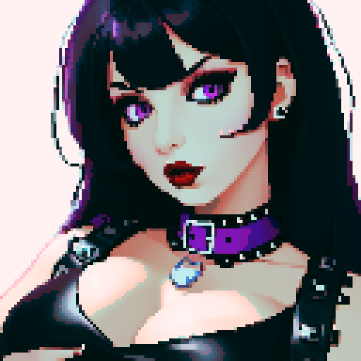 curvy, cute busty goth woman's face, whole head portrait, black hair, purple eyeshadow, red lipstick, low cut leather halter top, studded collar, vibrant sRGB colors, pixel art, NES style