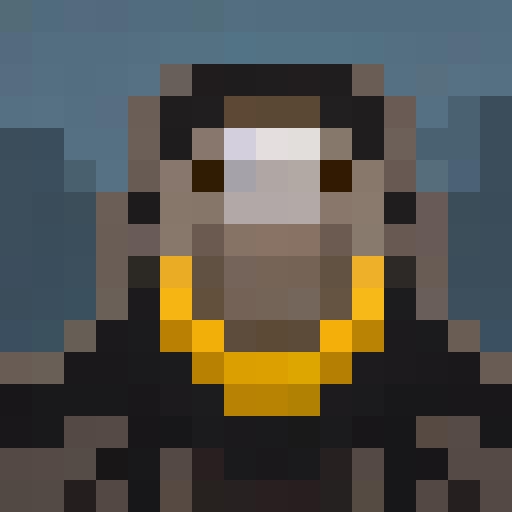 Fierce monkey head with matted fur, piercing yellow eyes, and razor-sharp teeth, set against a dark, ominous background in the style of a medieval game icon, using 16x16 pixel art for a close-up portrait