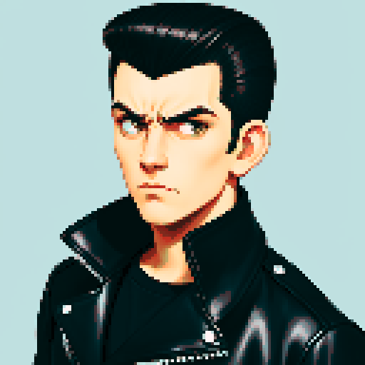 Tough Greaser wearing motorcycle jacket with pompadour hairstyle,portrait, face avatar,  sRGB colors.
