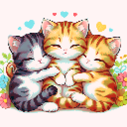 3 cute kitten cuddled together, in different colors, colorfull children's illustration