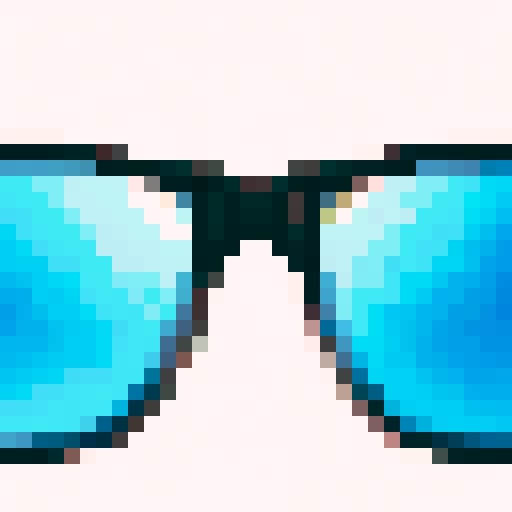 Neon pink and blue sunglasses with pixelated frames and a retro design, reflecting the city skyline at night, neutral perspective, medium shot