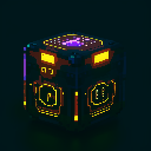 futuristic bulky lootbox, glowing buttons, intricate details, space stars galaxy glow, pixel art style