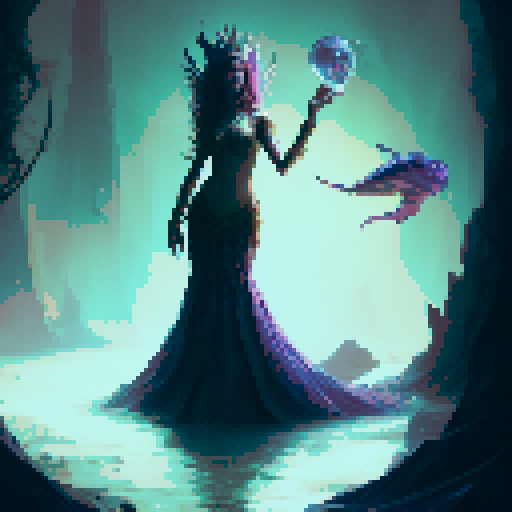 A mystical mermaid in a dark medieval style, wearing an ethereal, shimmering crown. She is pouring water from two vases, one in each hand, into a lake and onto the ground. The scene is set beneath a night sky filled with twinkling stars, enhancing the magical atmosphere.