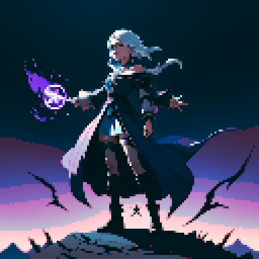 full-body image, sorceress facing right, sorceress ready to fight, evil sorceress, floating, arms out, magic circles, magic power, spell, evil sorceress, evil witch, magic symbols, ultimecia, final fantasy, sRGB, pixel art, evil outfit